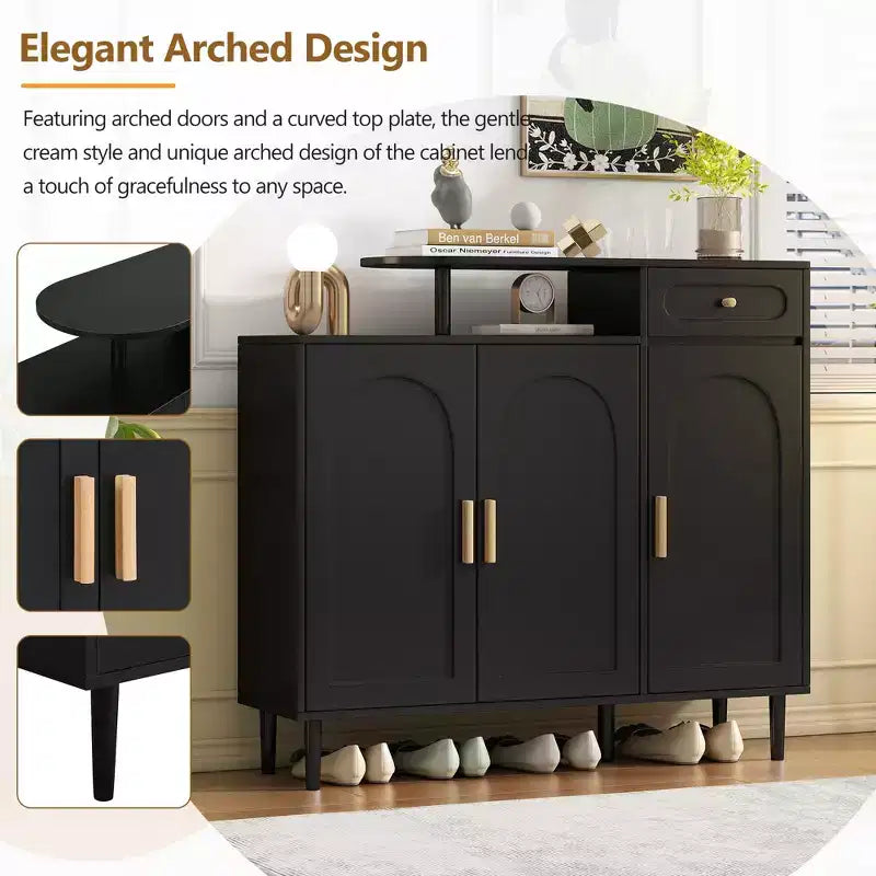 JVNOXK Stylish and elegant shoe cabinet, cream-colored storage sideboard with adjustable shelves and solid wood legs, black