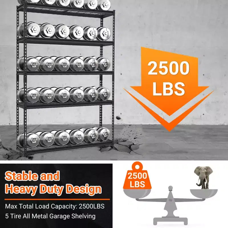 5-Tier Garage Shelving Rack  Industrial Metal Storage Shelf  Adjustable, 2500 lbs Capacity, Steel Wire, Utility for Garage, Basement, Warehouse
