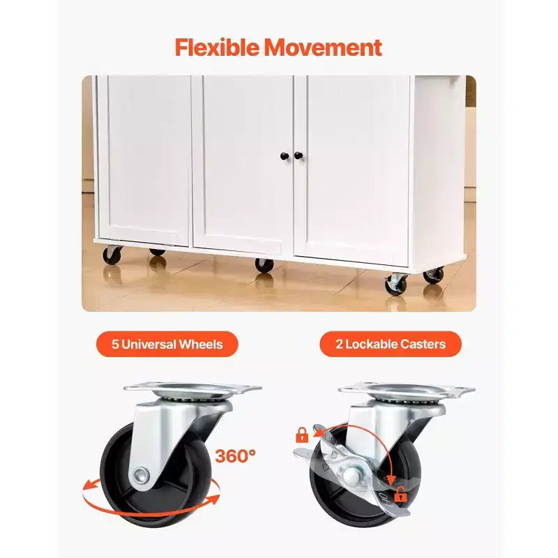 VIYET 35.5H Îlot de cuisine roulant avec tiroir, abattant et armoire de rangement, blanc