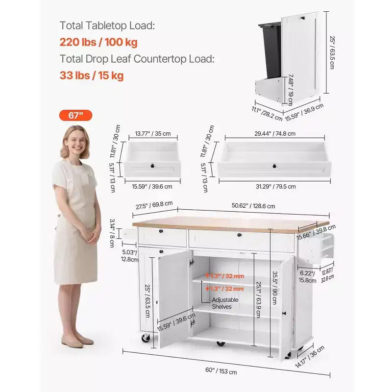VIYET 35.5H Îlot de cuisine roulant avec tiroir, abattant et armoire de rangement, blanc