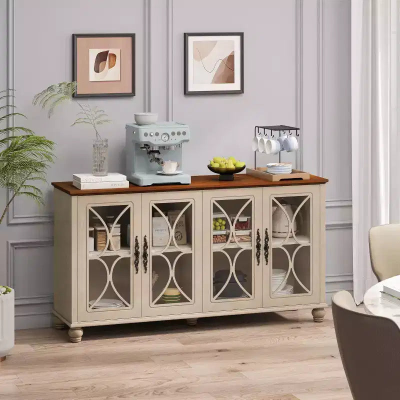 Buffet vaisselier, Vitrine 4 portes en verre trempé, 3 étagères réglables en hauteur, Meuble d'exposition sur pied pour la maison