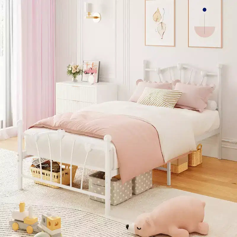 Twin XL Heart Shaped Metal Bed Frame  Pink Platform Bed with Headboard & Footboard, Sturdy Slats, Underbed Storage, No Box Spring Needed