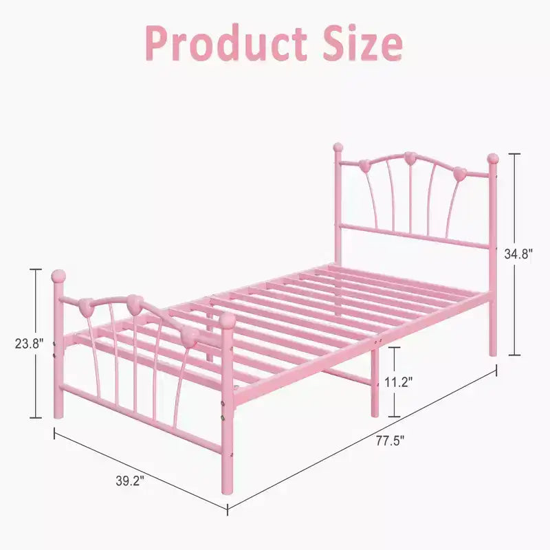 Cadre de lit Twin XL en métal en forme de cœur, plateforme rose avec tête et pied de lit, lattes robustes, rangement sous le lit, sommier tapissier non requis