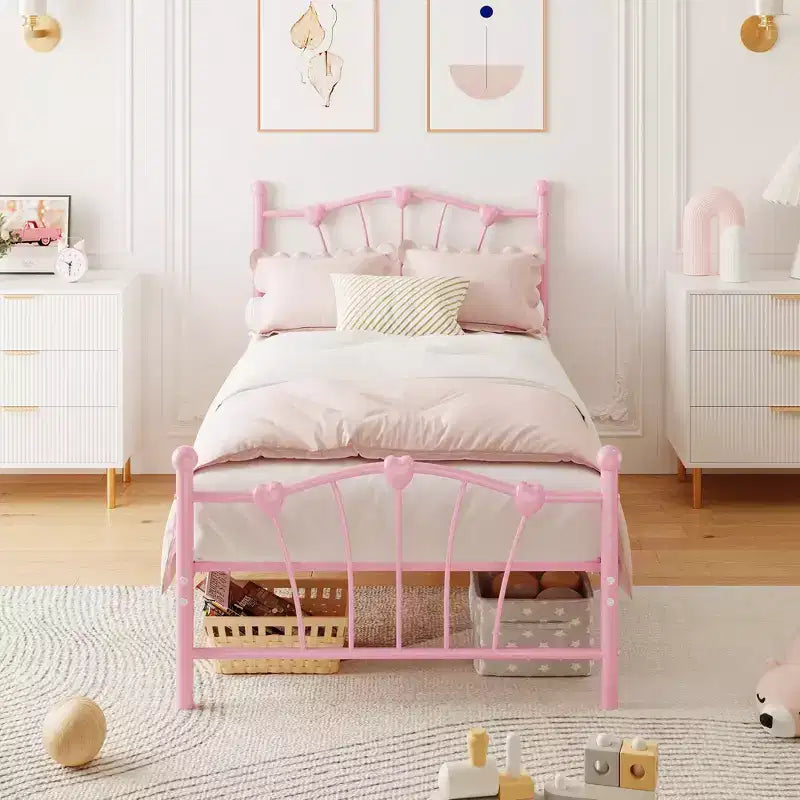 Twin XL Heart Shaped Metal Bed Frame  Pink Platform Bed with Headboard & Footboard, Sturdy Slats, Underbed Storage, No Box Spring Needed