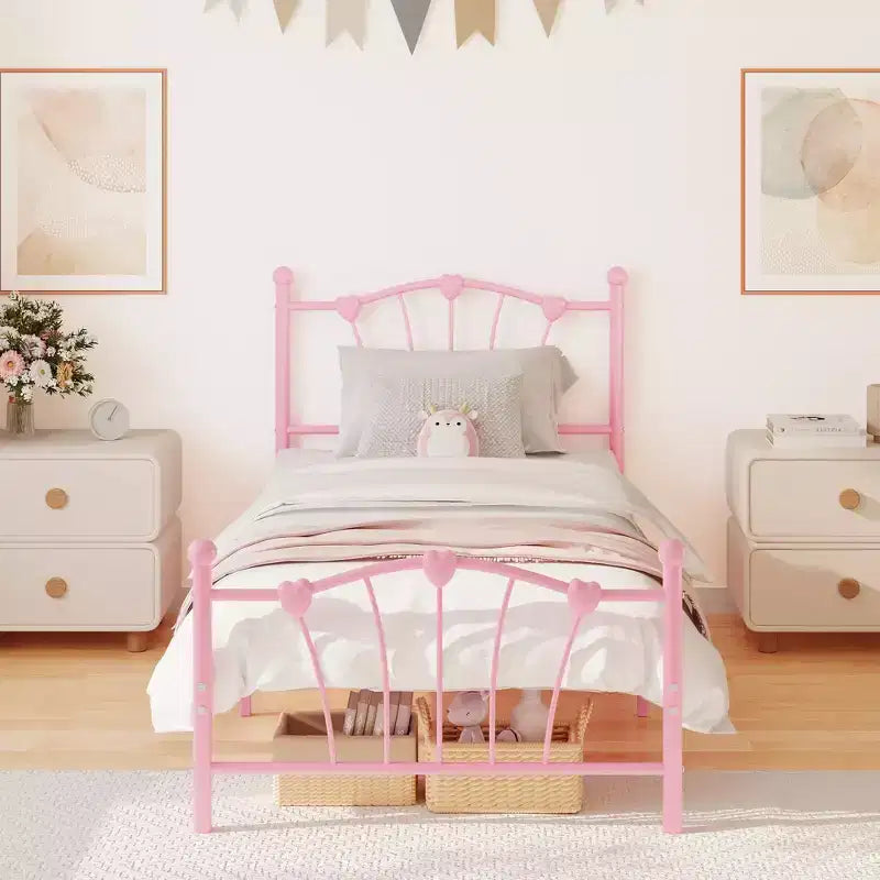 Twin XL Heart Shaped Metal Bed Frame  Pink Platform Bed with Headboard & Footboard, Sturdy Slats, Underbed Storage, No Box Spring Needed