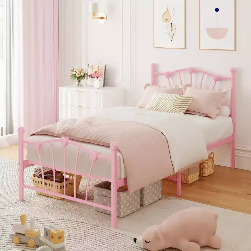 Twin XL Heart Shaped Metal Bed Frame  Pink Platform Bed with Headboard & Footboard, Sturdy Slats, Underbed Storage, No Box Spring Needed