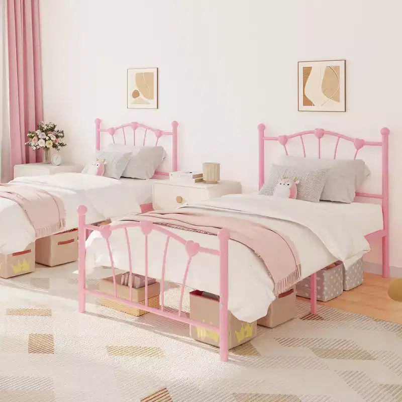 Twin XL Heart Shaped Metal Bed Frame  Pink Platform Bed with Headboard & Footboard, Sturdy Slats, Underbed Storage, No Box Spring Needed