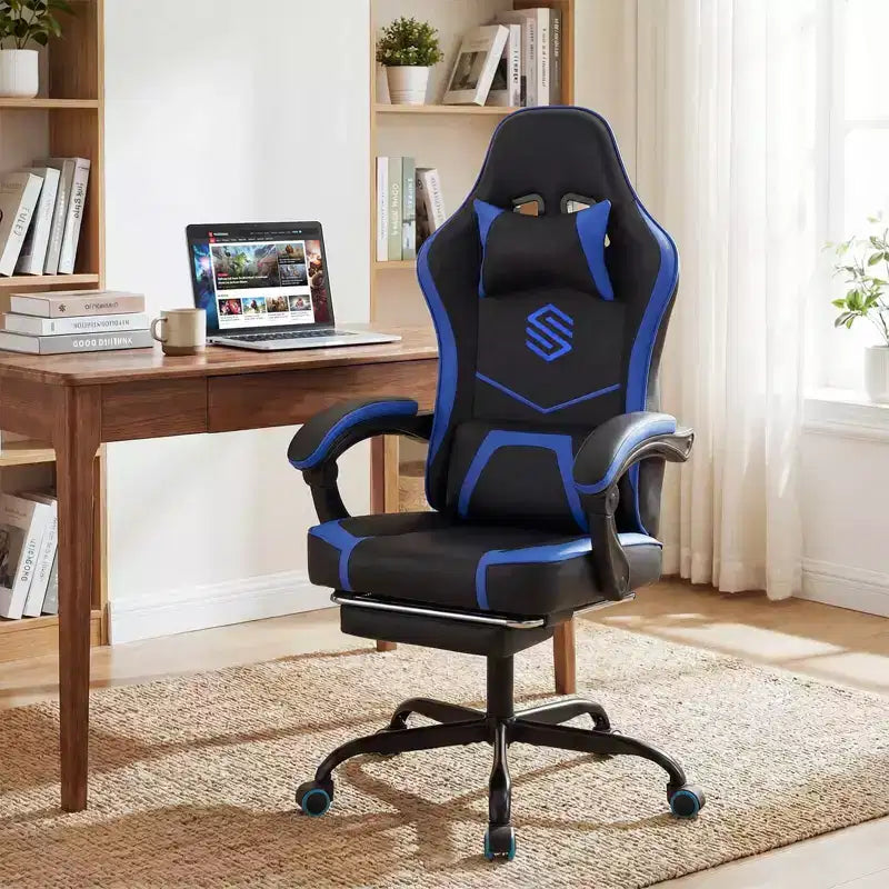 Costway Gaming Chair with Headrest, Lumbar Support, Linkage Armrests, Reclining Backrest Black & White/Navy Blue & Black