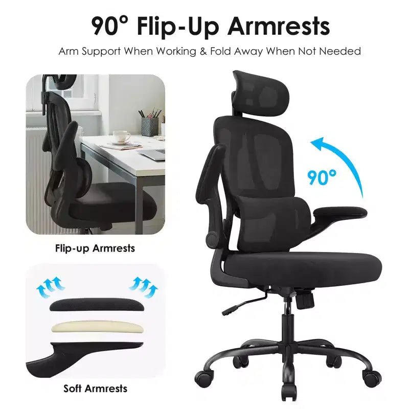 Chaise de bureau ergonomique en maille TUYOHW avec support lombaire réglable, appui-tête et accoudoirs relevables, chaise de bureau à domicile pour l'étude, salle de jeux