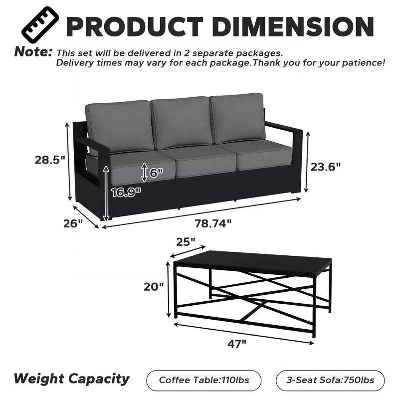 UPTIOT Outdoor 3-Seat Sofa & Coffee Table Set with Weather-Resistant Fabric