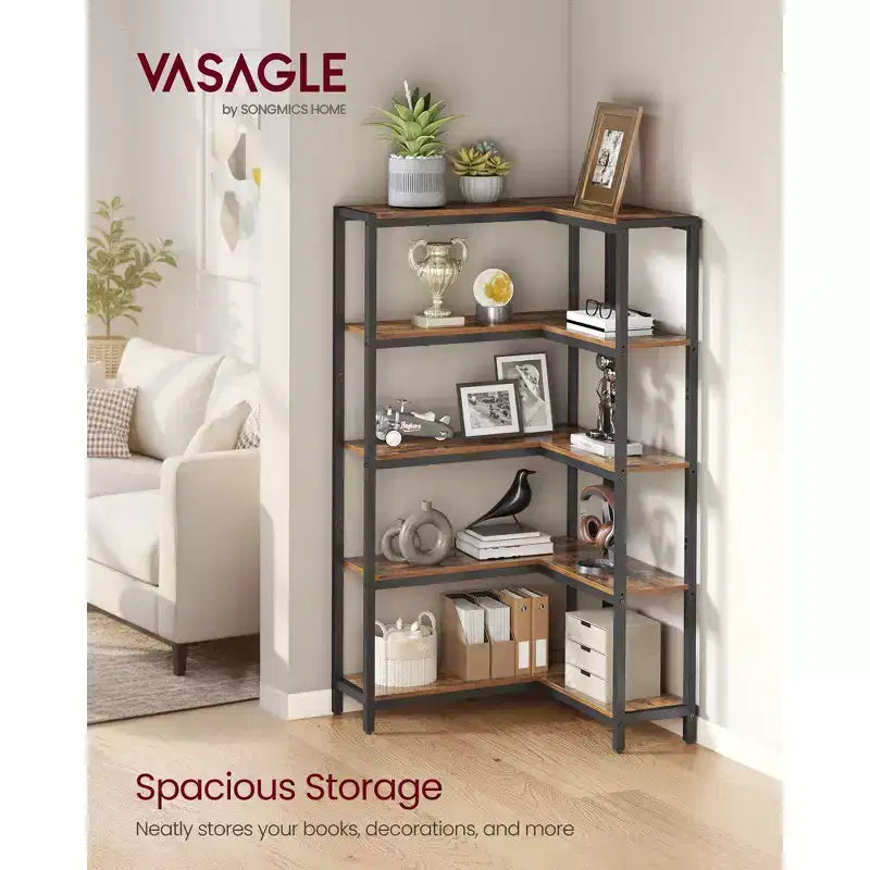 VASAGLE 5 Tier Bookshelf with Metal Frame, Convertible Industrial Corner Shelf, 9.4 x 40.2 x 55.9 Inches, Rustic Brown and Ink Black