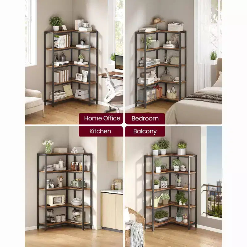 VASAGLE 5 Tier Bookshelf with Metal Frame, Convertible Industrial Corner Shelf, 9.4 x 40.2 x 55.9 Inches, Rustic Brown and Ink Black