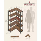 VASAGLE 5 Tier Bookshelf with Metal Frame, Convertible Industrial Corner Shelf, 9.4 x 40.2 x 55.9 Inches, Rustic Brown and Ink Black