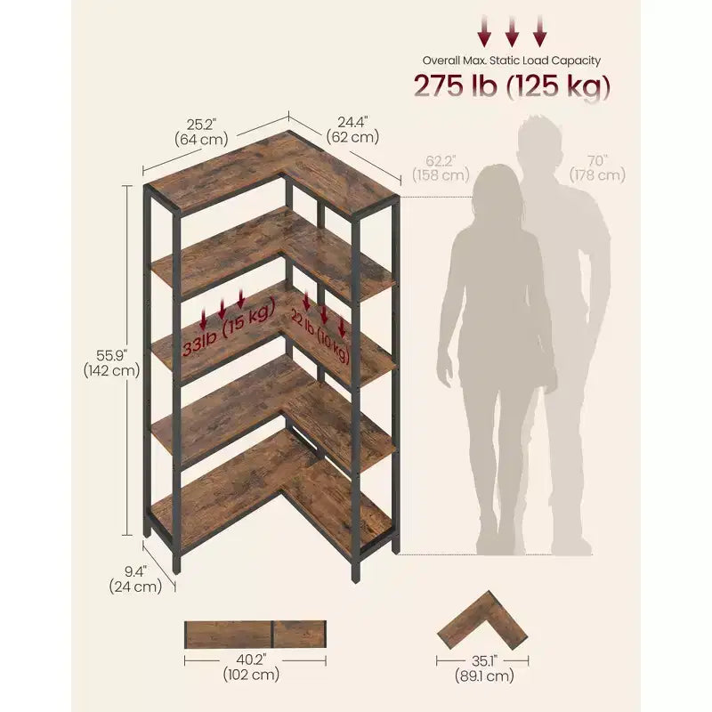 VASAGLE 5 Tier Bookshelf with Metal Frame, Convertible Industrial Corner Shelf, 9.4 x 40.2 x 55.9 Inches, Rustic Brown and Ink Black