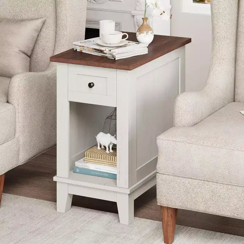 COZONY Narrow Side Table Set of 2, Farmhouse End Tables Drawer Storage Shelf Wooden Nightstands for Living Room Bedroom
