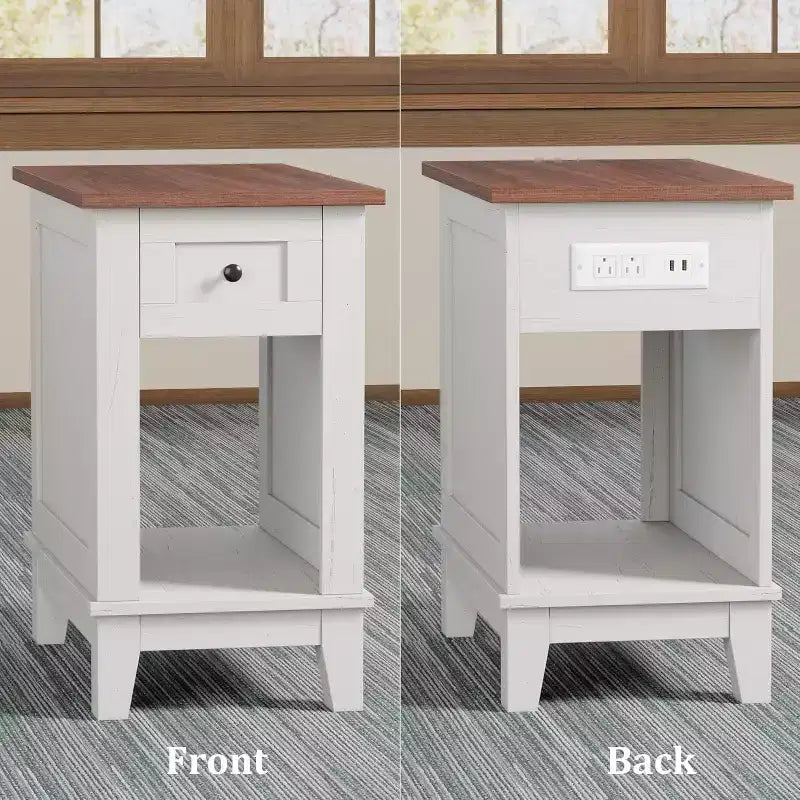COZONY Narrow Side Table Set of 2, Farmhouse End Tables Drawer Storage Shelf Wooden Nightstands for Living Room Bedroom