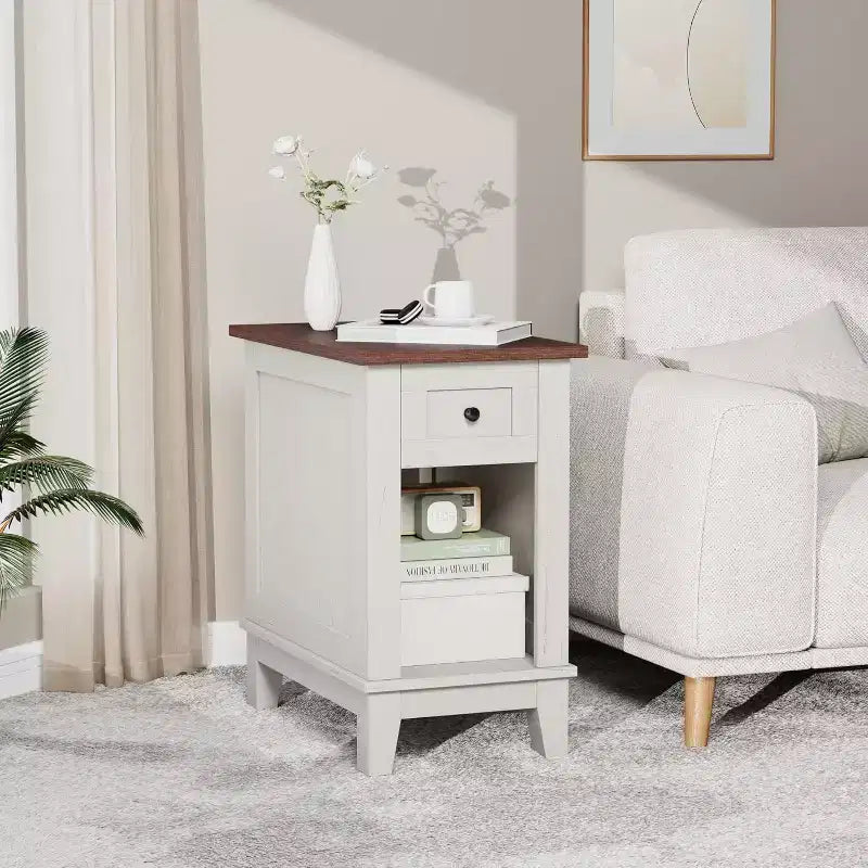 COZONY Narrow Side Table Set of 2, Farmhouse End Tables Drawer Storage Shelf Wooden Nightstands for Living Room Bedroom