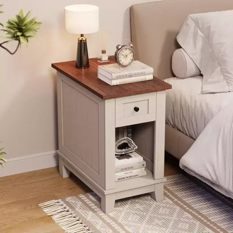 COZONY Narrow Side Table Set of 2, Farmhouse End Tables Drawer Storage Shelf Wooden Nightstands for Living Room Bedroom