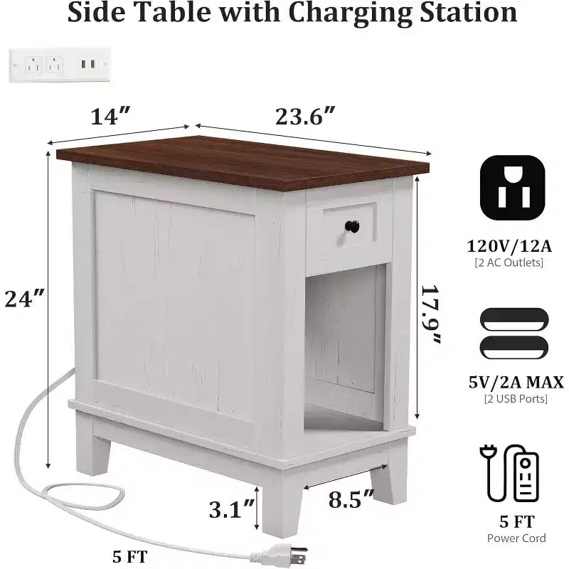 COZONY Narrow Side Table Set of 2, Farmhouse End Tables Drawer Storage Shelf Wooden Nightstands for Living Room Bedroom
