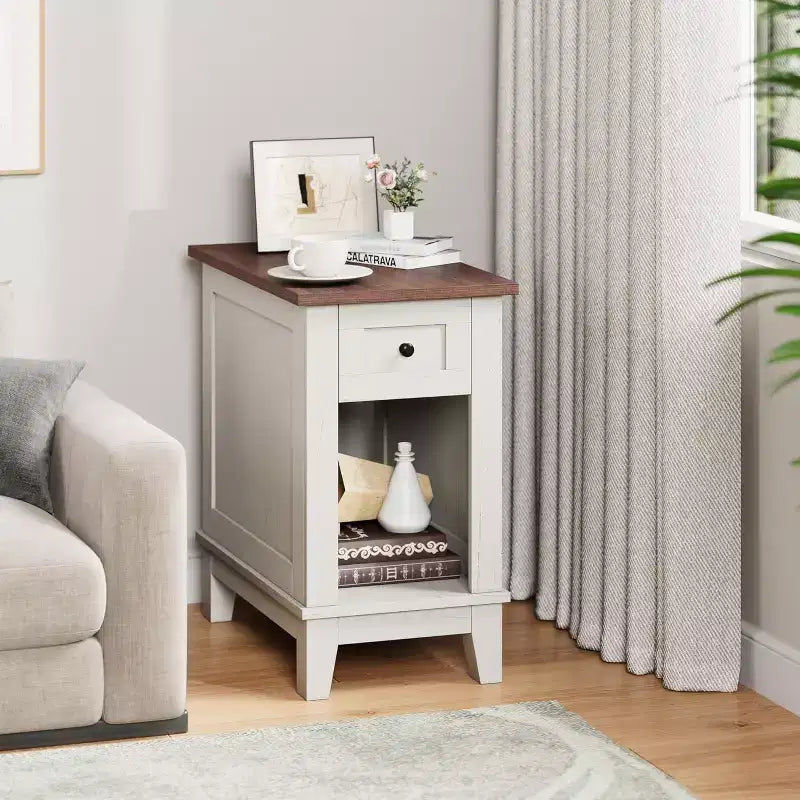 COZONY Narrow Side Table Set of 2, Farmhouse End Tables Drawer Storage Shelf Wooden Nightstands for Living Room Bedroom