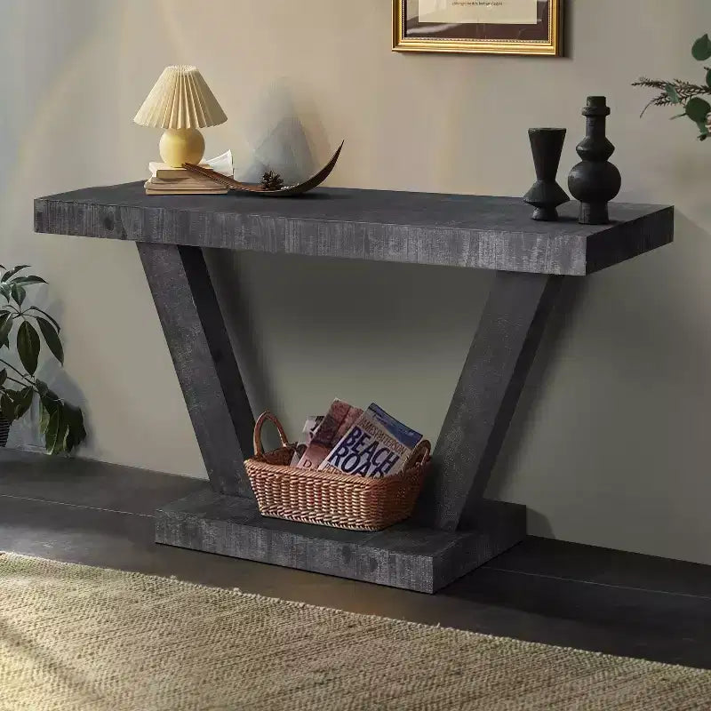TUYOHW 60IN Vintage Distressed Wood Console Table with 2-Tier Solid Wood Storage Cabinet, Entryway Table with Thick Base, Hallway Table