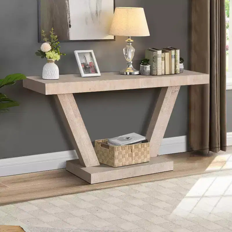TUYOHW 60IN Vintage Distressed Wood Console Table with 2-Tier Solid Wood Storage Cabinet, Entryway Table with Thick Base, Hallway Table