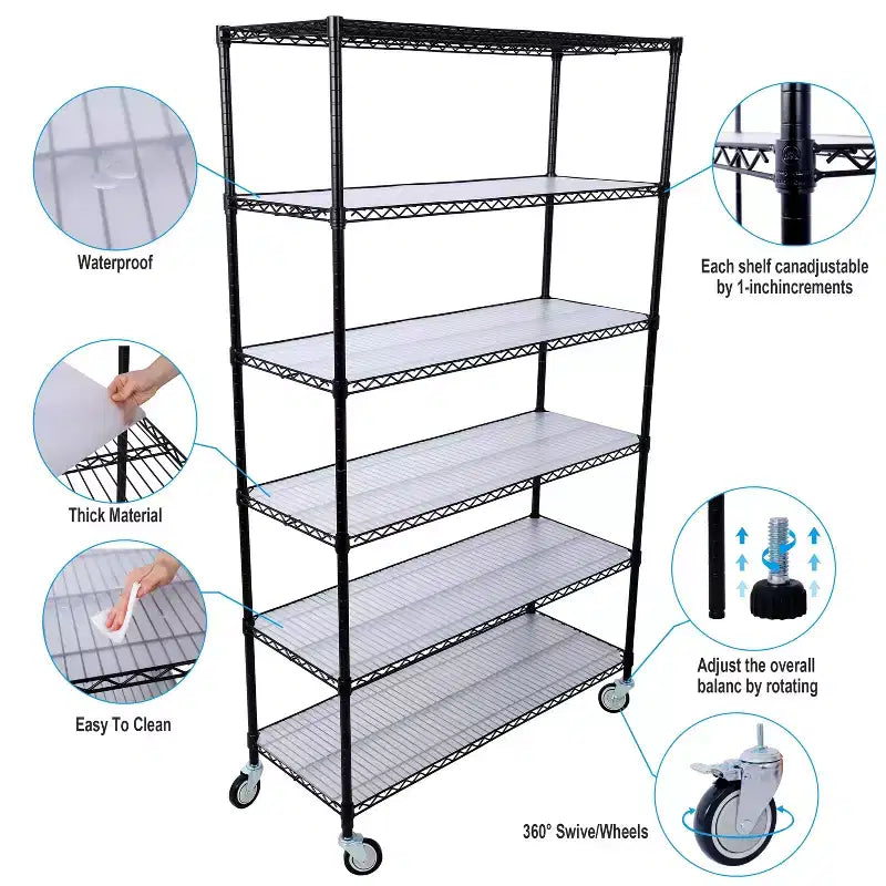VIYET 6 Tier 6000LBS NSF Metal Wire Shelving, Heavy Duty Adjustable Rack with Wheels & Shelf Liners (Black, 84H48L20D)