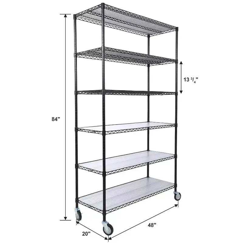 VIYET 6 Tier 6000LBS NSF Metal Wire Shelving, Heavy Duty Adjustable Rack with Wheels & Shelf Liners (Black, 84H48L20D)