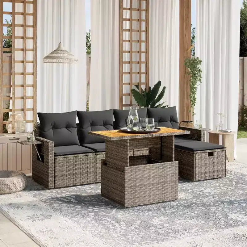 vidaXL 6 Piece Patio Sofa Set with Cushions Poly Rattan and Acacia