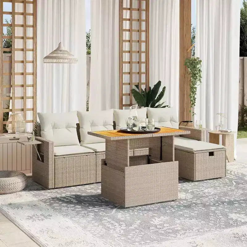 vidaXL 6 Piece Patio Sofa Set with Cushions Poly Rattan and Acacia
