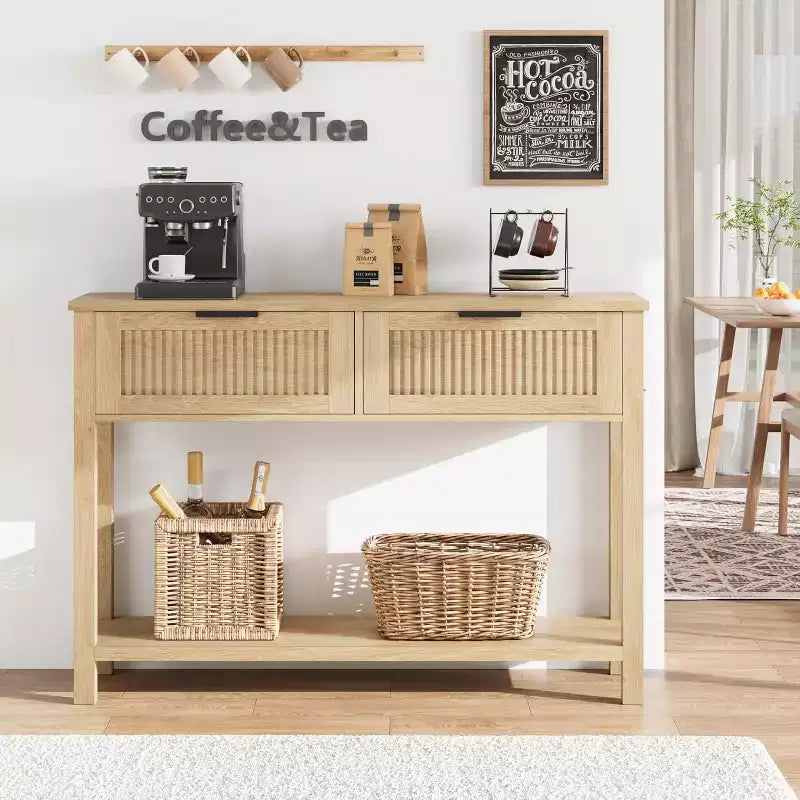 Fluted Entrance Table with 2 drawers, Console Table for Entrance, Wooden Sofa Table for Living Room, Hallway, Hallway, Burlywood