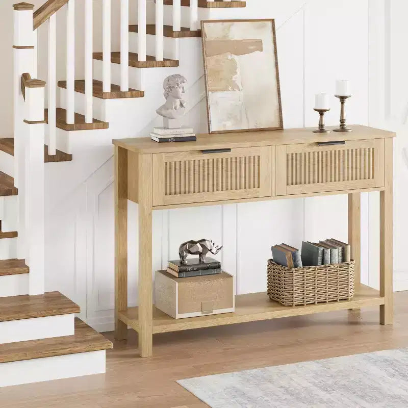 Fluted Entrance Table with 2 drawers, Console Table for Entrance, Wooden Sofa Table for Living Room, Hallway, Hallway, Burlywood