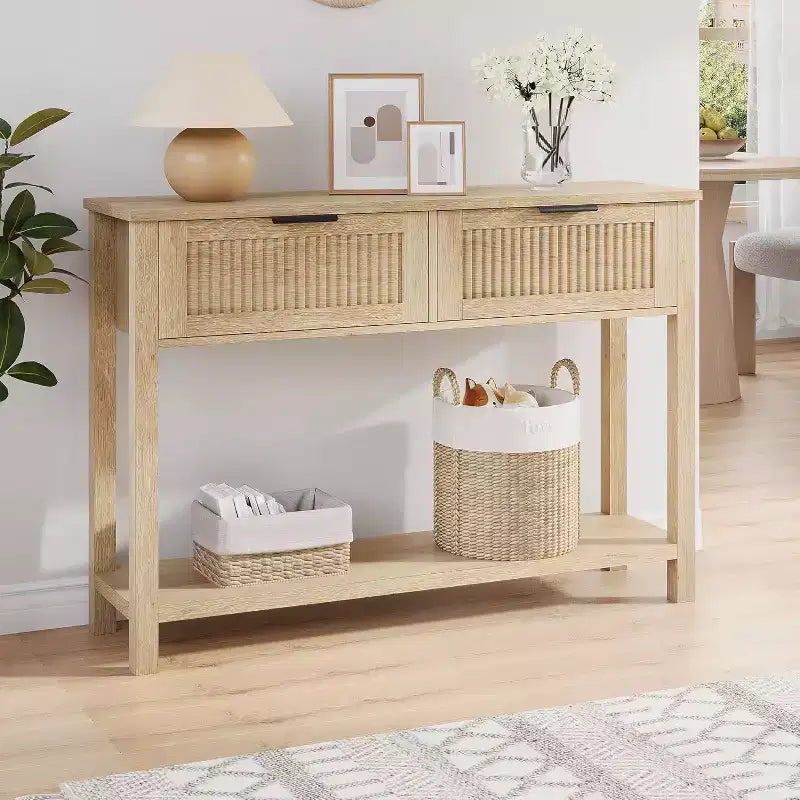 Fluted Entrance Table with 2 drawers, Console Table for Entrance, Wooden Sofa Table for Living Room, Hallway, Hallway, Burlywood
