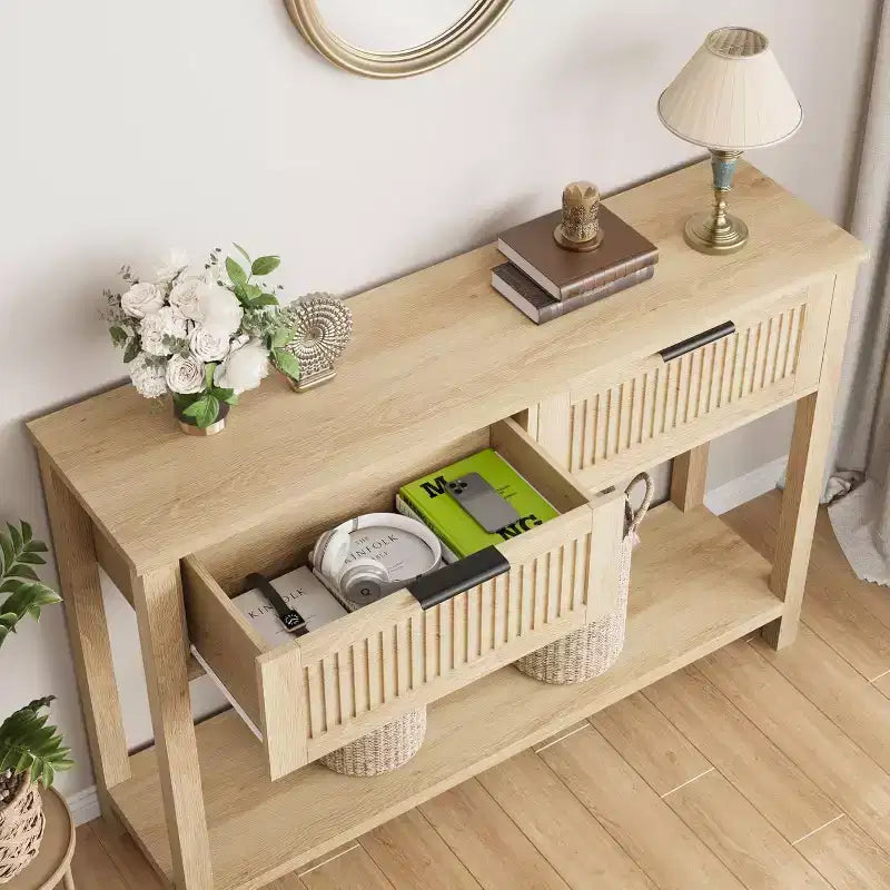 Fluted Entrance Table with 2 drawers, Console Table for Entrance, Wooden Sofa Table for Living Room, Hallway, Hallway, Burlywood