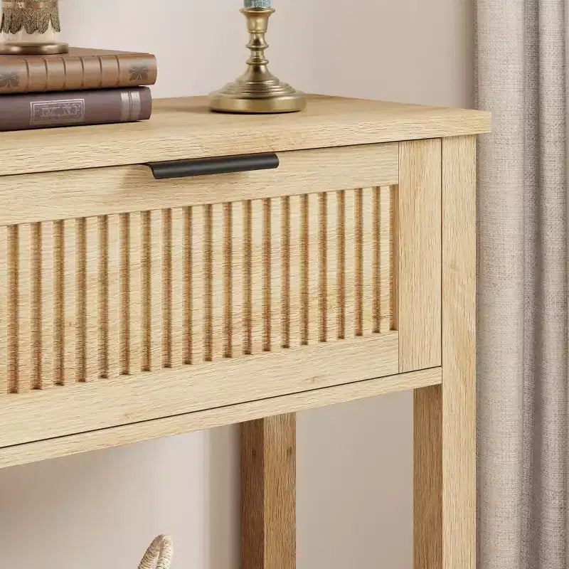 Fluted Entrance Table with 2 drawers, Console Table for Entrance, Wooden Sofa Table for Living Room, Hallway, Hallway, Burlywood