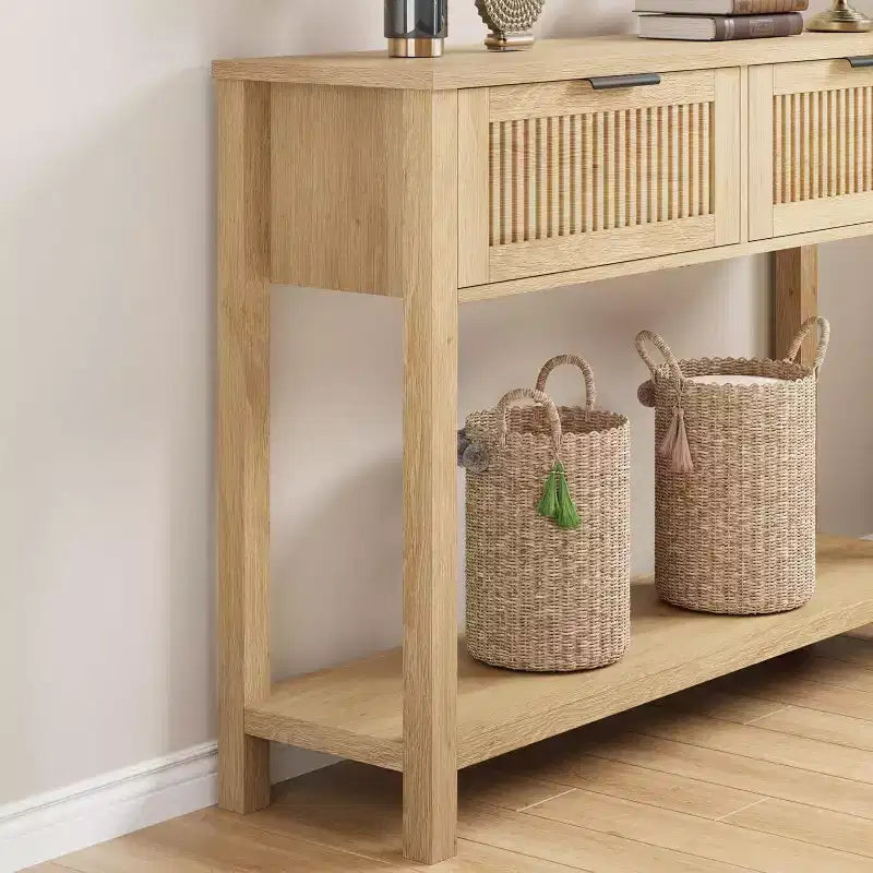 Fluted Entrance Table with 2 drawers, Console Table for Entrance, Wooden Sofa Table for Living Room, Hallway, Hallway, Burlywood