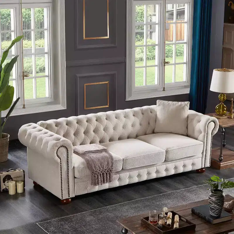 MAYEERTY Canapé en bois massif et métal avec tissu ligné, clous en bronze et pieds en bois massif pour salon ou bureau, beige