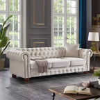 MAYEERTY Solid Wood & Metal Frame Sofa with Line Fabric Bronze Nail Solid Wood Legs for Living Room Office Beige