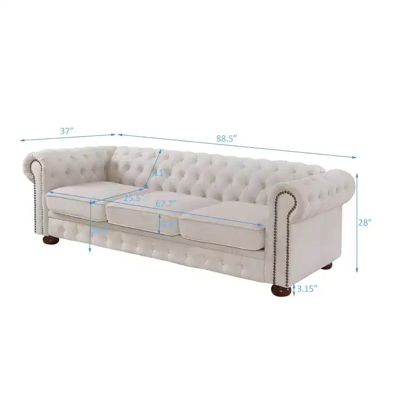 MAYEERTY Canapé en bois massif et métal avec tissu ligné, clous en bronze et pieds en bois massif pour salon ou bureau, beige