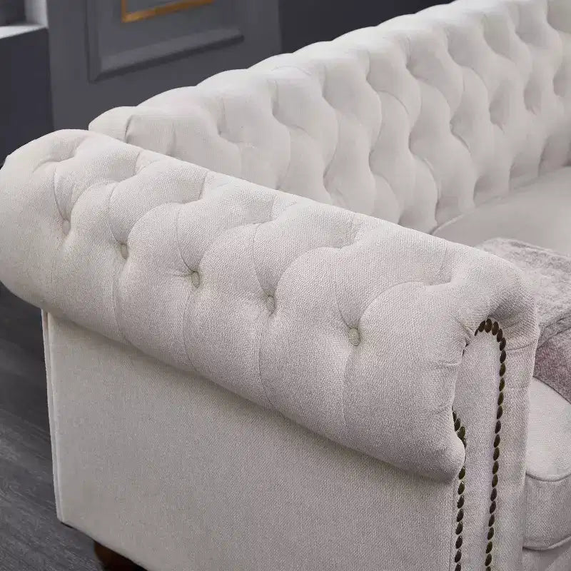 MAYEERTY Solid Wood & Metal Frame Sofa with Line Fabric Bronze Nail Solid Wood Legs for Living Room Office Beige
