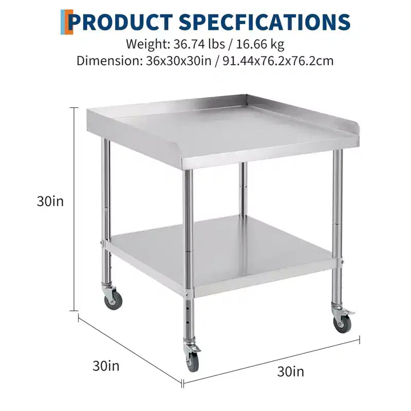 Acekool Stainless Steel Commercial Work Table with Adjustable Undershelf and Edge Baffle for Kitchen