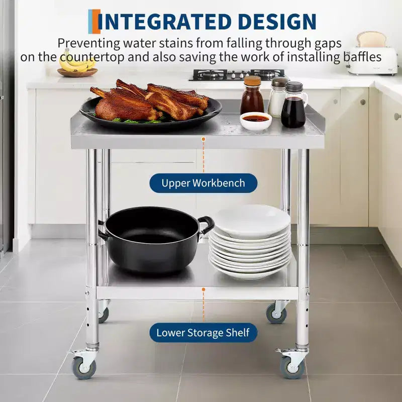 Acekool Stainless Steel Commercial Work Table with Adjustable Undershelf and Edge Baffle for Kitchen