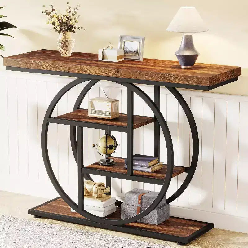 Lantine 41.3-Inch Industrial Console Table, 4-Tier Sofa Table with Circle Base and Storage for Living Room, Hallway, Foyer