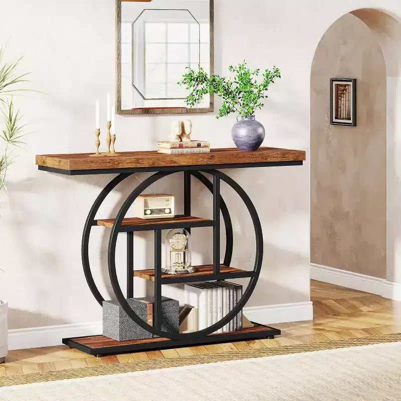 Lantine 41.3-Inch Industrial Console Table, 4-Tier Sofa Table with Circle Base and Storage for Living Room, Hallway, Foyer