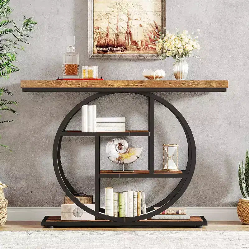 Lantine 41.3-Inch Industrial Console Table, 4-Tier Sofa Table with Circle Base and Storage for Living Room, Hallway, Foyer