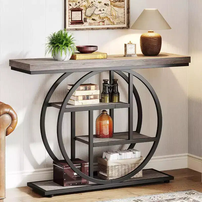 Lantine 41.3-Inch Industrial Console Table, 4-Tier Sofa Table with Circle Base and Storage for Living Room, Hallway, Foyer