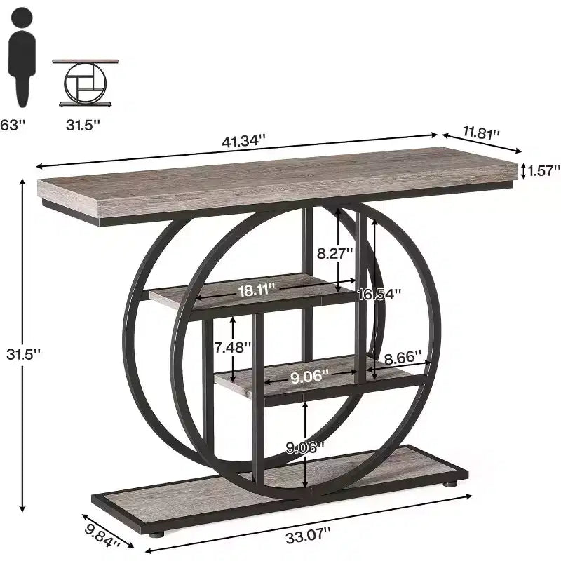 Lantine 41.3-Inch Industrial Console Table, 4-Tier Sofa Table with Circle Base and Storage for Living Room, Hallway, Foyer