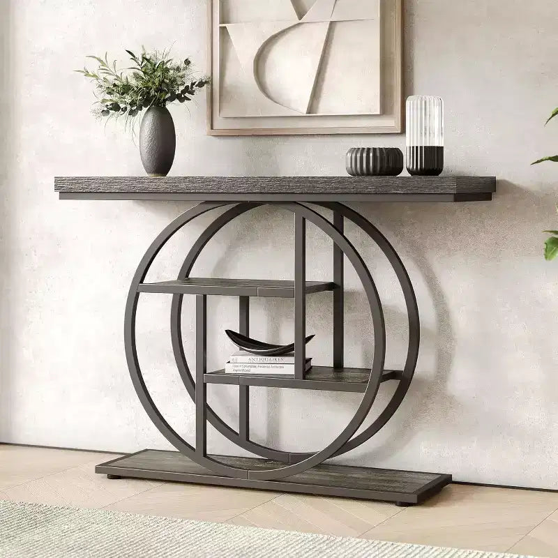 Lantine 41.3-Inch Industrial Console Table, 4-Tier Sofa Table with Circle Base and Storage for Living Room, Hallway, Foyer