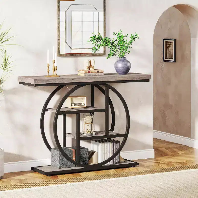 Lantine 41.3-Inch Industrial Console Table, 4-Tier Sofa Table with Circle Base and Storage for Living Room, Hallway, Foyer
