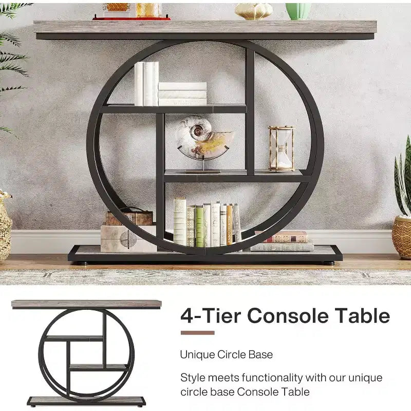 Lantine 41.3-Inch Industrial Console Table, 4-Tier Sofa Table with Circle Base and Storage for Living Room, Hallway, Foyer